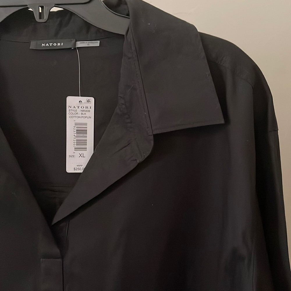Natori size XL black collared blouse top NWT
